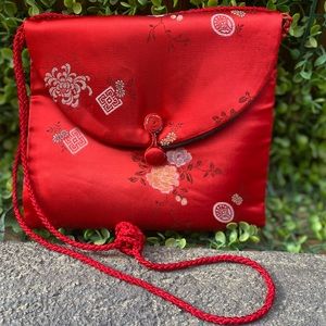Red Asian inspired satin purse 90s